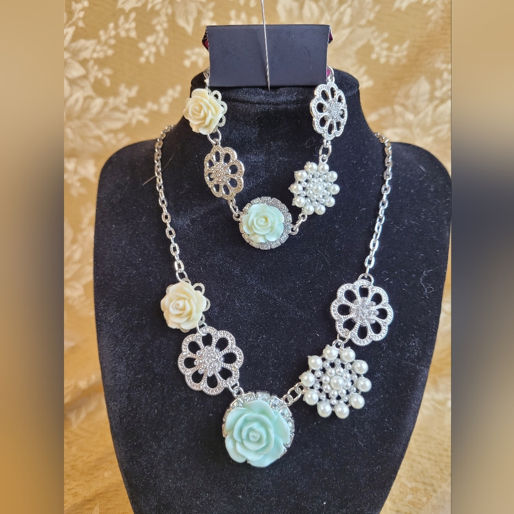 Paparazzi Silver Necklace with Cream and Blue Floral Accents